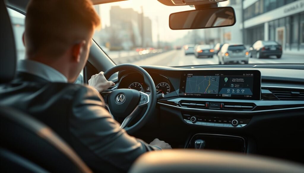 A sleek, modern car dashboard showcasing advanced driver assistance systems (ADAS) technology, featuring a prominent digital display with intuitive navigation and safety indicators. In the foreground, focus on a professional driver wearing business attire, attentively monitoring the dashboard while interacting with the system. In the middle ground, elements like sensors and cameras integrated into the vehicle's design are visible, highlighting features such as lane departure warnings and adaptive cruise control. The background displays a blurred cityscape, suggesting an urban driving environment. Soft, ambient lighting enhances the high-tech feel, while reflections on the dashboard screen create a dynamic, engaging atmosphere. Aim for a perspective that captures both the elegance of the car's interior and the advanced technology at work.