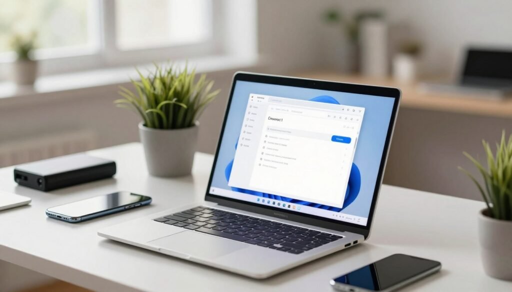 A sleek modern computer desk setup, prominently showcasing a Windows 11 laptop in the foreground with a clear screen displaying a web browser open to the settings page for clearing cache. Surrounding the laptop are various tech gadgets, such as a smartphone and external hard drive, neatly arranged. In the middle ground, a potted plant adds a touch of greenery, enhancing the workspace ambiance. In the background, a softly blurred view of a cozy, well-lit room with a window letting in natural light creates a tranquil atmosphere. The lighting is bright yet soft, reflecting a sense of cleanliness and efficiency. The angle captures the scene from a slight elevation, providing an inviting perspective. The overall mood conveys a sense of organization and productivity, illustrating the process of cleaning browser cache in Windows 11.