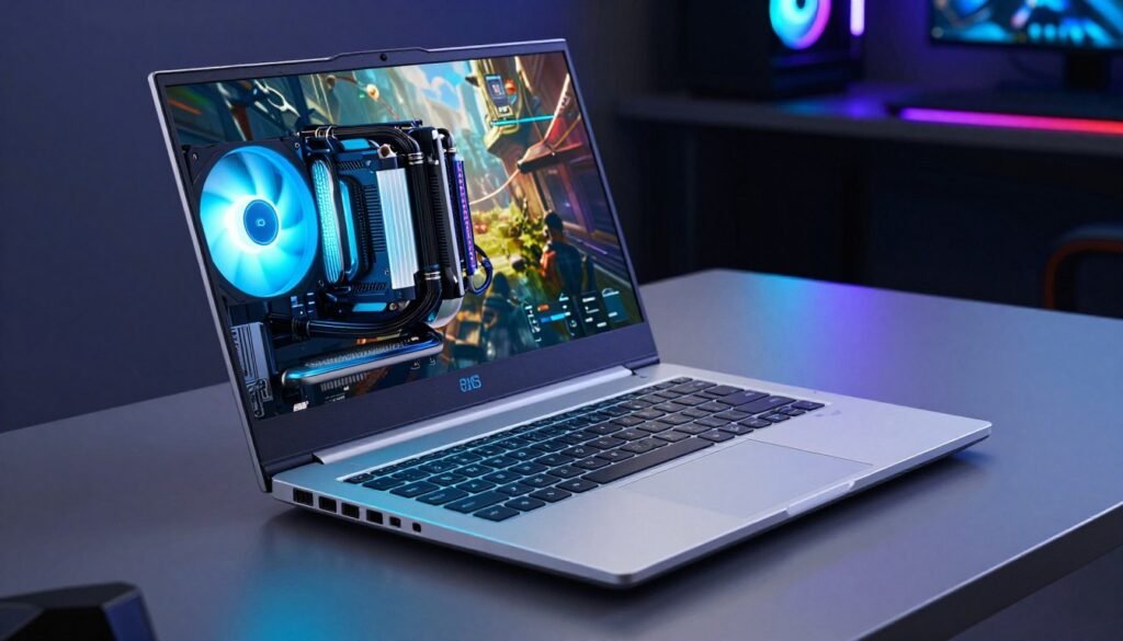 A sleek, modern gaming laptop featuring advanced cooling technology illuminated by a soft blue light. The laptop is open on a stylish surface, showcasing its high-performance specs. In the foreground, emphasize the intricate cooling system, including visible heat pipes and fans. The middle ground displays the laptop's high-resolution screen, showing a vibrant gaming scene, while in the background, there is a dimly lit, tech-inspired environment, perhaps a gamer’s setup with RGB lighting. Use dramatic lighting to highlight the cooling components and create a dynamic atmosphere, capturing the essence of prolonged gaming sessions with high performance and efficiency. The angle should be a slightly elevated perspective for depth.