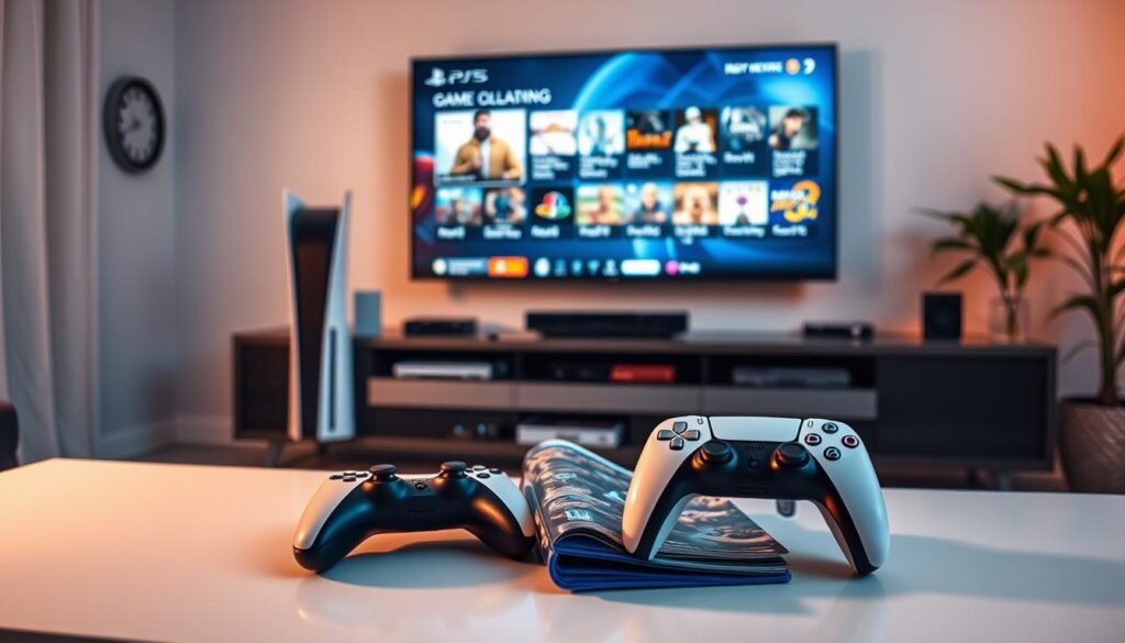 A sleek, modern gaming setup featuring a PlayStation 5 prominently displayed on a stylish console table. In the foreground, a game controller rests next to an open game case, implying tips for optimizing gaming. The middle ground showcases a vibrant, diverse collection of game titles, hinting at the Partitioned Installation feature. Soft, ambient lighting casts a warm glow over the scene, enhancing the enticing atmosphere of modern gaming. In the background, a large wall-mounted screen displays an engaging gameplay interface, subtly illustrating game management functionalities. The angle captures the entire setup from a slightly elevated perspective, creating an inviting and dynamic gaming atmosphere, perfect for showcasing tips on optimization. No text or branding present.