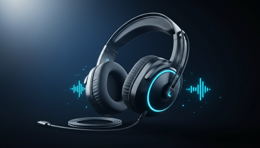 A sleek, modern headset prominently featured in the foreground, showcasing high-quality cushioning and a futuristic design, with details like adjustable ear cups and a braided cable. The middle ground contains subtle elements representing sound waves or audio syncing effects, emphasizing the advanced technology of the device. In the background, a soft gradient of blues and blacks evokes a sense of depth and immersion, reminiscent of a gaming environment. The lighting is dynamic, with a soft glow illuminating the headset, enhancing its premium look while casting gentle shadows to add dimension. The overall mood is one of sophistication and cutting-edge technology, appealing to gamers and audio enthusiasts alike.