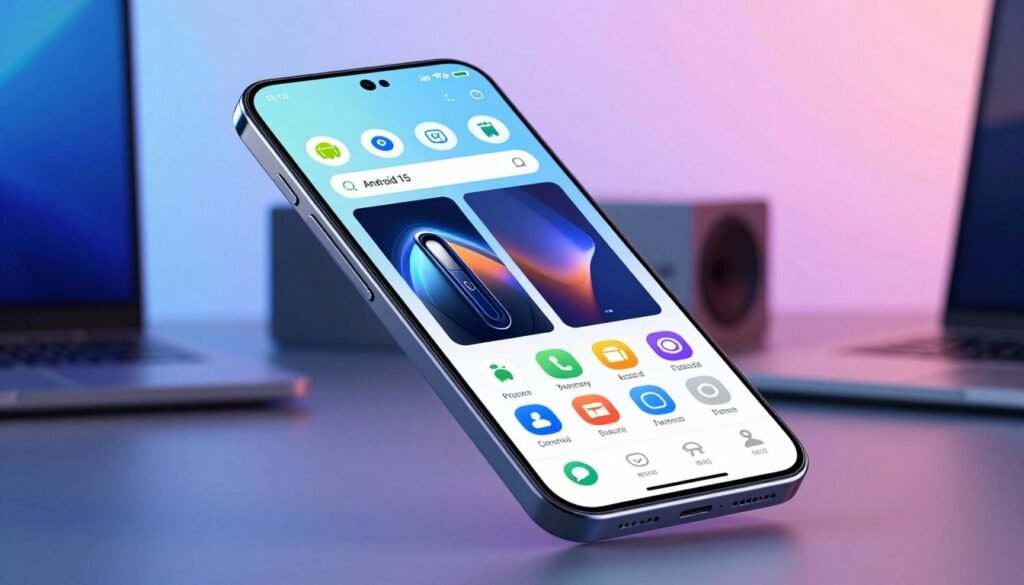 A sleek, modern smartphone displaying the Android 15 interface, prominently featuring a screen recording in progress and a stylish app archive view. In the foreground, focus on the phone with detailed reflections and a glass surface, showcasing a vibrant and user-friendly design. In the middle ground, incorporate subtle hints of a digital workspace with blurred elements representing productivity tools. The background should feature a soft gradient of tech-inspired colors, creating a futuristic and innovative atmosphere. Utilize dynamic lighting that highlights the phone’s display while casting soft shadows. The angle should be slightly tilted to emphasize the screen, evoking a sense of exploration into the next chapter of Android technology. The overall mood is optimistic and forward-thinking, reflecting the theme of technological evolution. A sleek, modern smartphone displaying the Android 15 interface, prominently featuring a screen recording in progress and a stylish app archive view. In the foreground, focus on the phone with detailed reflections and a glass surface, showcasing a vibrant and user-friendly design. In the middle ground, incorporate subtle hints of a digital workspace with blurred elements representing productivity tools. The background should feature a soft gradient of tech-inspired colors, creating a futuristic and innovative atmosphere. Utilize dynamic lighting that highlights the phone’s display while casting soft shadows. The angle should be slightly tilted to emphasize the screen, evoking a sense of exploration into the next chapter of Android technology. The overall mood is optimistic and forward-thinking, reflecting the theme of technological evolution.