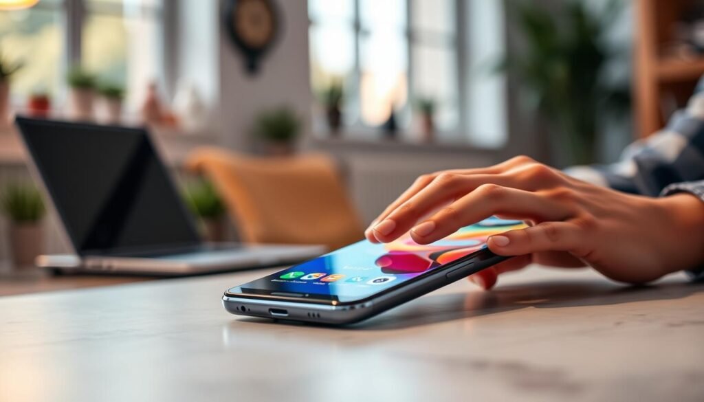 A sleek, modern smartphone with a vibrant AMOLED LTPO display, showcasing a high touch sampling rate feature. In the foreground, the phone sits on a stylish desk, with the screen illuminated, displaying vivid colors and smooth animations to highlight responsiveness. In the middle ground, a pair of hands gently interact with the screen, tapping and scrolling to demonstrate real-time fluid motion. The background features a soft-focus workspace ambiance, with natural light filtering in through a window, creating a warm and inviting atmosphere. The lens captures a close-up angle emphasizing the phone's detail and the fluidity of the interactions, conveying a sense of advanced technology and seamless user experience. The mood is energetic and engaging, reflecting modern tech's impact on daily life.