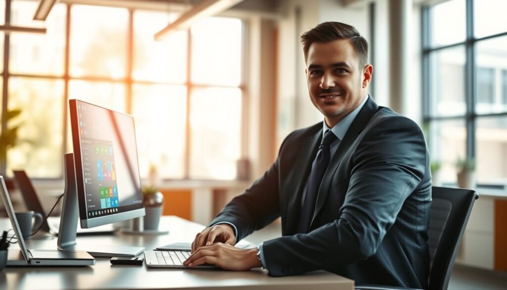 A sleek, modern workspace featuring a desktop computer displaying the latest Windows 11 24H2 interface, including new features like enhanced widgets and an updated start menu. In the foreground, a well-dressed professional in business attire is interacting with the computer, showcasing the user-friendly design and advanced functionalities. The middle ground features a clean, organized desk with tech gadgets like a laptop, smartphone, and notepad, symbolizing productivity. The background showcases a vibrant office environment with large windows allowing natural light to flood in, creating a bright and inviting atmosphere. The focus is on clarity and innovation, with a sharp depth of field, emphasizing the computer screen while softly blurring the surroundings to highlight the latest features in Windows 11. The overall mood is optimistic and forward-thinking, ideal for a tech-savvy audience.
