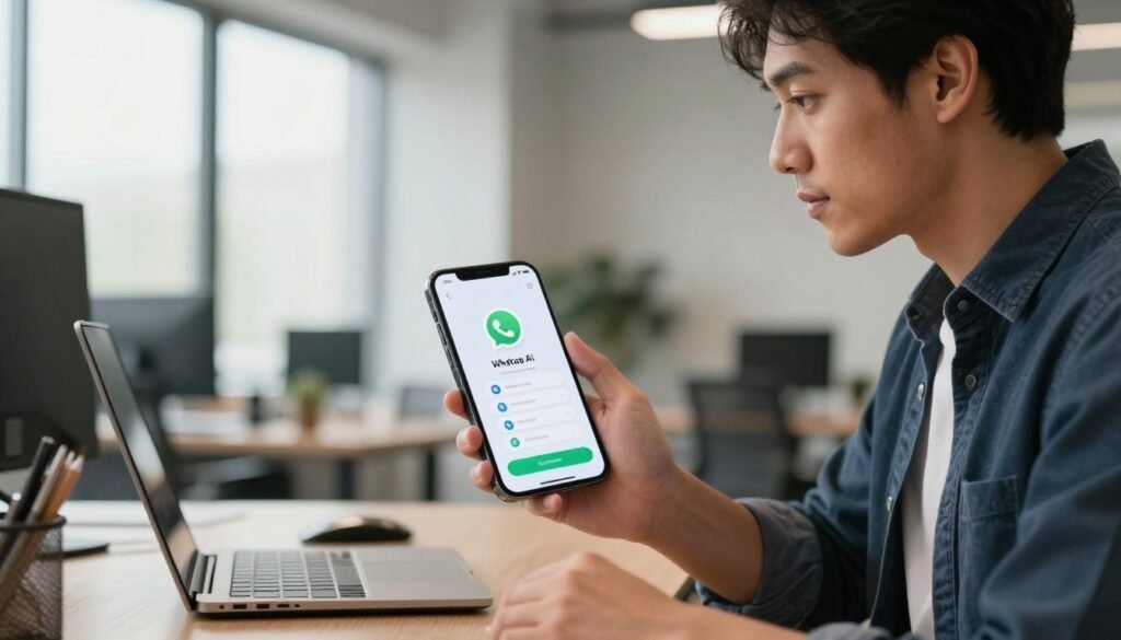 A sleek, modern workspace featuring a professional businessman interacting with a smartphone interface displaying the Meta AI WhatsApp activation screen. In the foreground, the businessman, dressed in smart casual attire, is focused on the phone, with a look of concentration. The middle ground highlights the phone screen, detailed with user-friendly options for activating the Meta AI feature, with icons and graphics illustrating automated chat functionalities. The background showcases a contemporary office environment with soft, natural lighting streaming through large windows, creating a warm and inviting atmosphere. The overall mood suggests innovation and efficiency, emphasizing the seamless integration of technology in everyday communication.