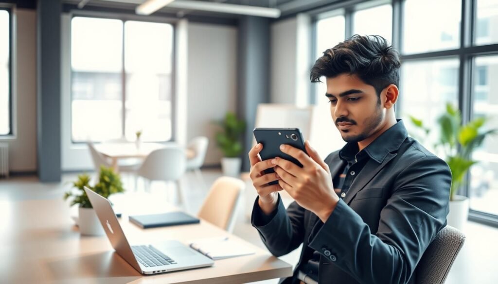 A sleek, modern workspace showcasing a young professional using a Realme smartphone. In the foreground, focus on a person of South Asian descent, dressed in smart-casual attire, deeply engaged with their phone, demonstrating its features. The middle ground features a contemporary desk with a laptop, notebooks, and a stylish plant adding greenery. The background shows a bright office with minimalist decor and large windows, allowing natural light to flood the space. Use a shallow depth of field to emphasize the individual and smartphone while softly blurring the background. The atmosphere is energetic yet professional, suggesting a blend of productivity and tech-savviness, perfect for young professionals or tech enthusiasts.