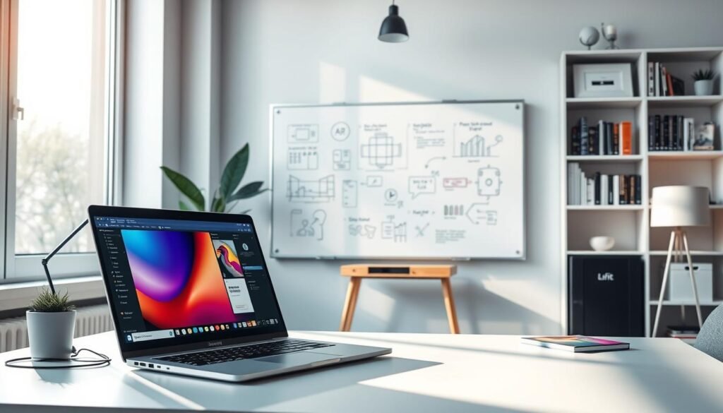 A sleek, modern workspace showcasing the characteristics of innovative software. In the foreground, a well-organized desk with a high-end laptop open, displaying a vibrant user interface of design software. Soft, natural lighting filters through a large window, casting gentle shadows that create a warm and inviting atmosphere. In the middle ground, a stylish whiteboard filled with colorful sketches and notes, illustrating creative ideas and features of AI-based design tools. The background features a minimalist bookshelf filled with tech-related books and awards, symbolizing expertise and professionalism. The scene conveys a sense of creativity, collaboration, and forward-thinking technology, ideal for inspiring readers about software characteristics.