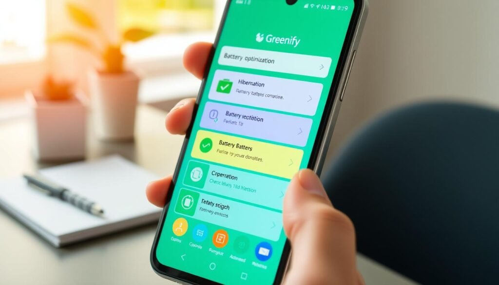 A sleek smartphone displaying the Greenify app interface, designed to show the battery-saving setup process. The foreground features a close-up of the phone's screen with vibrant icons of battery optimization and hibernation options. In the middle, a pair of hands gently navigate the app, tapping on the features. The background presents a bright workspace with a soft focus, including a desk with a notepad and a potted plant, conveying a productive atmosphere. The lighting is warm and inviting, highlighting the crisp details of the app interface. The overall mood is efficient and tech-savvy, embodying an organized approach to battery management. A sleek smartphone displaying the Greenify app interface, designed to show the battery-saving setup process. The foreground features a close-up of the phone's screen with vibrant icons of battery optimization and hibernation options. In the middle, a pair of hands gently navigate the app, tapping on the features. The background presents a bright workspace with a soft focus, including a desk with a notepad and a potted plant, conveying a productive atmosphere. The lighting is warm and inviting, highlighting the crisp details of the app interface. The overall mood is efficient and tech-savvy, embodying an organized approach to battery management.