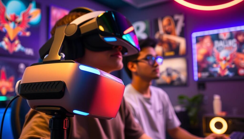 A sleek virtual reality headset designed for gamers, prominently displayed in the foreground with a soft spotlight highlighting its innovative features. The headset has a modern, ergonomic design with vibrant colors reflecting gaming aesthetics. In the middle ground, an Indonesian gamer wearing modest casual clothing is engaged in an immersive gaming experience, showcasing excitement and focus. The background features a stylish gaming room adorned with gaming posters and LED lights, creating a dynamic atmosphere. Soft, ambient lighting enhances the overall mood, while a shallow depth of field draws attention to the headset and the gamer. The scene captures the essence of gaming culture in Indonesia, emphasizing the headset as an essential gaming accessory in 2025.
