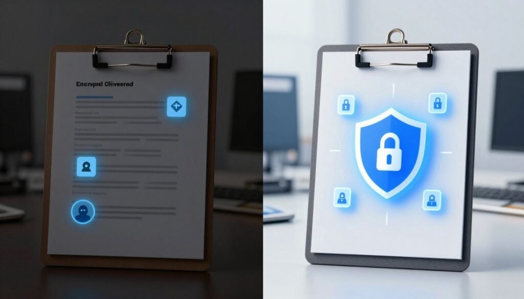 A split-screen visual comparison showing the differences between a regular clipboard and an encrypted universal clipboard, focusing on security features. On the left, portray a typical clipboard with visible vulnerabilities, such as exposed data and icons representing risks or hacking threats, illuminated in a dim light to emphasize danger. On the right, showcase an advanced, encrypted universal clipboard, with glowing encryption symbols and a shield icon, set against a bright, secure environment. Use a soft focus background of office elements like computers and files to create a professional atmosphere. The lighting should be bright and uplifting on the right side, contrasting sharply with the darker left side to convey the importance of cybersecurity in clipboard technology.