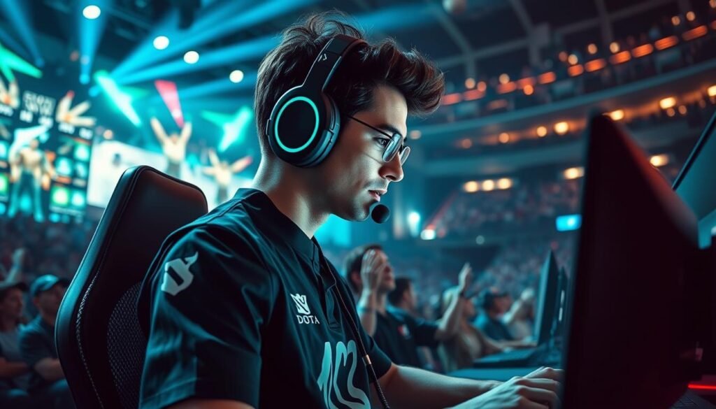 A strategic and focused scene depicting a Dota 2 support player in action during a tense moment of gameplay. The foreground features a professional gamer, dressed in a stylish team jersey and gaming headset, intensely observing multiple screens displaying the game interface, highlighting teamwork and strategy. In the middle, digital representations of teamwork concepts, like icons or symbols of support abilities, float around. The background shows a vibrant esports stage filled with cheering fans and dynamic lighting that creates an electrifying atmosphere. The overall mood is concentrated yet energetic, with cool blue and green tones contrasting against brighter highlights. Capture this moment from a slightly elevated angle to enhance immersion and energy, emphasizing the significance of the support role in helping the team succeed.
