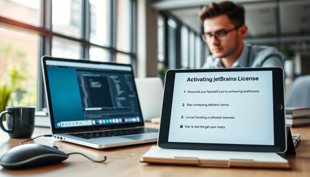 A stylish workspace featuring a laptop with JetBrains software displayed on the screen. In the foreground, a mouse and coffee cup are placed neatly beside the laptop. The middle ground showcases a well-organized desk with programming books, a notepad, and a digital tablet highlighting steps for "Activating JetBrains License." The background is softly blurred, revealing a modern office environment with large windows allowing natural light to stream in. A professional individual in smart casual attire is focused on the laptop, exuding a productive atmosphere. The lighting is bright and inviting, reflecting a motivational mood perfect for software development. The angle is slightly overhead, providing a clear view of the desk arrangement and the laptop screen, ensuring a clean and professional composition.