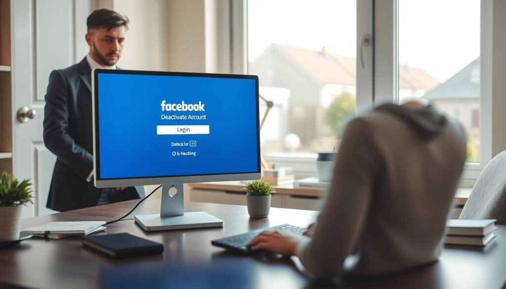 A thoughtful scene depicting the concept of account deactivation or deletion, set in a cozy, well-lit home office. In the foreground, a computer screen displays the Facebook login page with a prominent "Deactivate Account" button illuminated. To the left, a person in professional business attire looks contemplatively at the screen, pausing with fingers hovering above the keyboard, reflecting a serious mood about privacy concerns. In the middle ground, a desk is adorned with privacy-related books and a small plant for a touch of warmth. The background features a window showing a peaceful neighborhood, symbolizing the desire for personal security and a fresh start. Soft, natural lighting pours in, creating an inviting atmosphere that underscores the weight of the decision being made.
