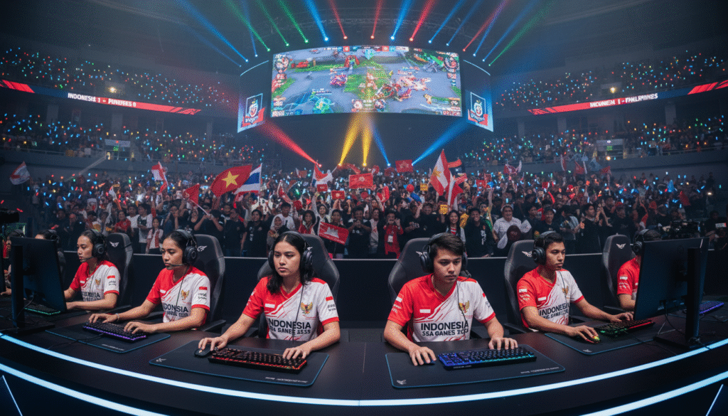 A vibrant, action-packed scene depicting the excitement of the Indonesia SEA Games 2023, featuring a diverse group of professional esports players intensely focused on competing in Mobile Legends. In the foreground, players in professional gaming attire, showcasing a blend of national colors, are actively engaged in a match, their expressions filled with determination. The middle ground showcases an electrifying esports arena, with cheering fans waving flags and colorful banners representing various Southeast Asian countries. The background features large screens displaying the live game action, illuminated by dynamic lighting that creates an energetic atmosphere. The overall mood is one of thrill and camaraderie, captured from a dynamic angle that emphasizes the intensity of the competition, with a slightly blurred depth of field highlighting the players' focus. Bright lighting adds to the excitement and conveys a sense of history being made in esports.