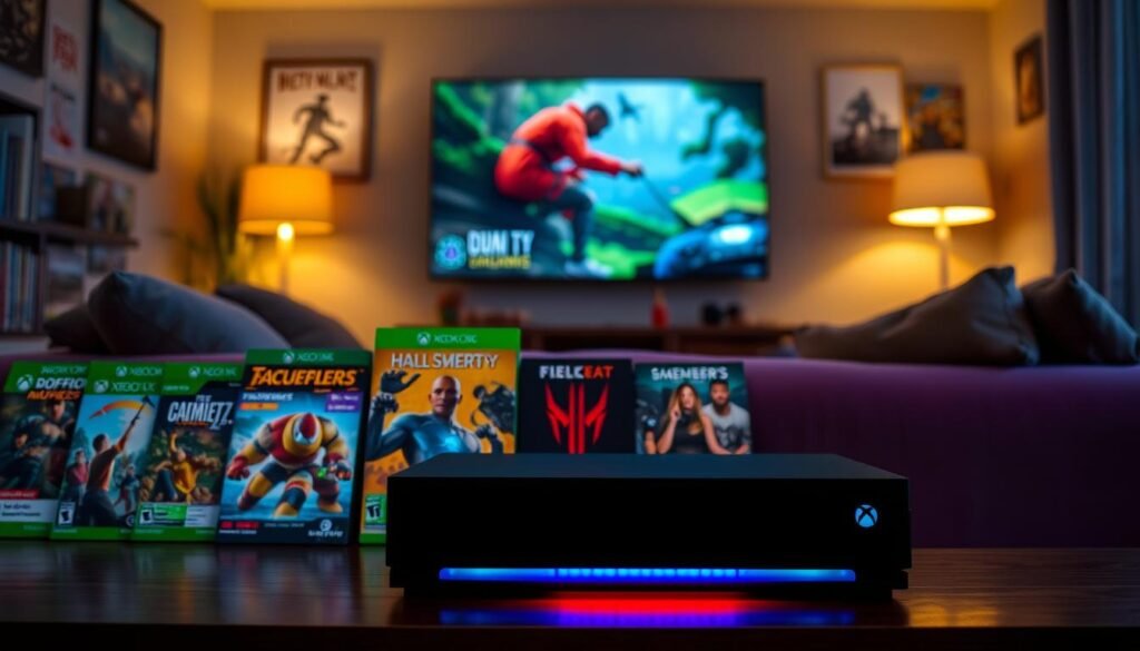 A vibrant and detailed representation of an Xbox Game Pass library displayed on a sleek, modern gaming console like the Xbox Series X. In the foreground, a selection of game covers in vivid colors showcases various popular titles available in the Game Pass subscription. The middle ground features the Xbox console, adorned with ambient LED lighting casting a soft glow, emphasizing the excitement of gaming. In the background, a cozy gaming setup with a large screen displaying gameplay, surrounded by comfortable seating, creates an inviting atmosphere. The lighting is warm and inviting, suggesting an immersive gaming world. Capture the essence of the Xbox Game Pass as a hub of diverse gaming experiences, filled with variety and excitement.