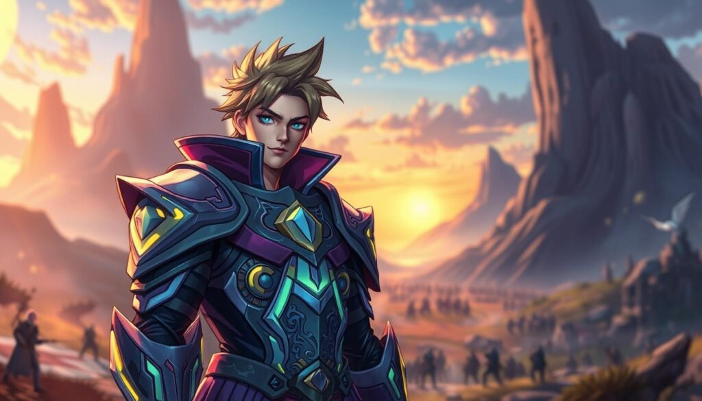 A vibrant and dynamic character illustration depicting an A-tier selection from a fantasy game. The character stands confidently in the foreground, showcasing a sleek armor set designed with intricate patterns and glowing accents, symbolizing strength and reliability. His expression is focused and determined, embodying the essence of a strong contender. The middle ground features a blurred scene of a battlefield, hinting at action and strategy, while the background reveals a distant fantasy landscape with towering mountains and an ethereal sky at sunset, casting a warm golden light. The atmosphere is intense yet inspiring, evoking emotions of courage and teamwork. The image uses a wide-angle lens to emphasize depth, enhancing the dramatic effect. The overall palette combines rich blues, purples, and golds, creating an engaging and captivating composition.