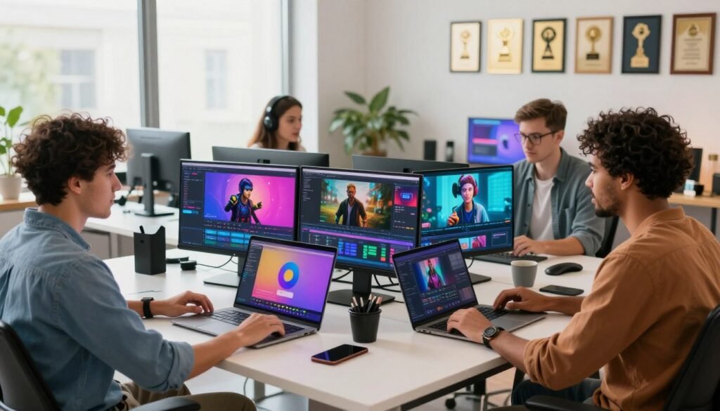 A vibrant and dynamic digital workspace showcasing a content creation platform for creators. In the foreground, a diverse group of three content creators—a woman and two men, dressed in smart casual attire—collaborate around a sleek modern desk filled with high-tech gadgets, laptops, and video editing software on their screens. The middle ground features an array of colorful digital displays showcasing various multimedia content, including gaming, streaming, and graphic design. In the background, a bright and airy studio space with large windows allows natural light to flood in, illuminating a wall with awards and accolades. The atmosphere is inspiring and energetic, reflecting creativity and innovation in the digital age, accentuated by soft, upbeat lighting that enhances the scene's vibrancy.