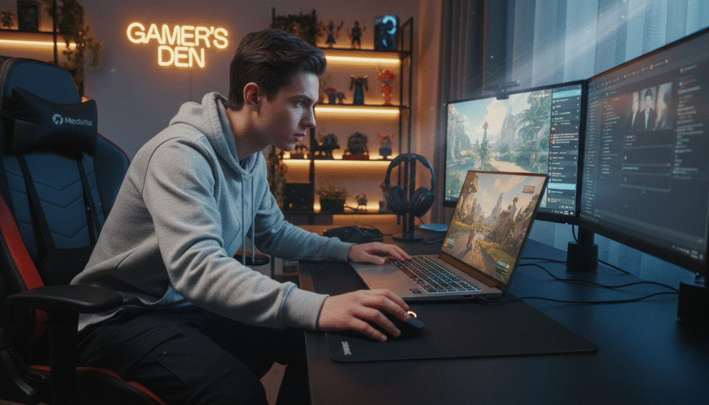 A vibrant and dynamic gaming setup featuring a sleek, modern gaming laptop with a colorful keyboard illuminated in RGB lighting. In the foreground, a focused individual in a stylish casual outfit is fully immersed in intensive gameplay, with multiple screens displaying different applications like gaming, video streaming, and multitasking software. The middle ground shows a well-organized desk, complete with gaming peripherals such as a high-quality gaming mouse and an ergonomic chair. The background features a softly lit room with ambient lighting, emphasizing a productive yet relaxed atmosphere. The angle is slightly tilted to capture both the laptop and the user’s concentration, conveying an exhilarating mood that highlights the performance of MediaTek chipsets in gaming and multitasking scenarios.