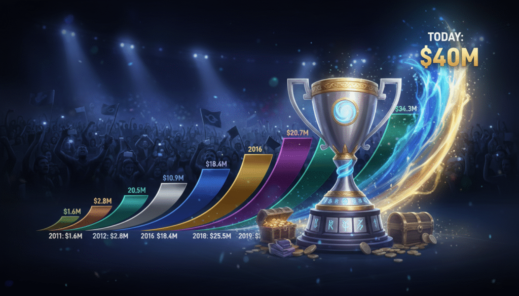 A vibrant and dynamic illustration of the evolution of The International Dota 2 prize pool, showcasing the staggering growth from $1.6 million in 2011 to $40 million today. In the foreground, a detailed, large trophy symbolizing victory stands prominently, glimmering under dramatic spotlighting. The middle ground features layered graphs and visual representations of prize pools from each year, transitioning from smaller sums to escalating heights, each visually distinct. In the background, a blurred crowd of esports fans in modern attire, excitedly cheering, reflecting the evolving culture of competitive gaming. Soft, ambient lighting creates an energetic atmosphere, while a lens effect captures the focus on the trophy and prize pool graphics. The entire scene conveys a sense of achievement and celebration, representing the monumental growth of The International Dota 2. A vibrant and dynamic illustration of the evolution of The International Dota 2 prize pool, showcasing the staggering growth from $1.6 million in 2011 to $40 million today. In the foreground, a detailed, large trophy symbolizing victory stands prominently, glimmering under dramatic spotlighting. The middle ground features layered graphs and visual representations of prize pools from each year, transitioning from smaller sums to escalating heights, each visually distinct. In the background, a blurred crowd of esports fans in modern attire, excitedly cheering, reflecting the evolving culture of competitive gaming. Soft, ambient lighting creates an energetic atmosphere, while a lens effect captures the focus on the trophy and prize pool graphics. The entire scene conveys a sense of achievement and celebration, representing the monumental growth of The International Dota 2.