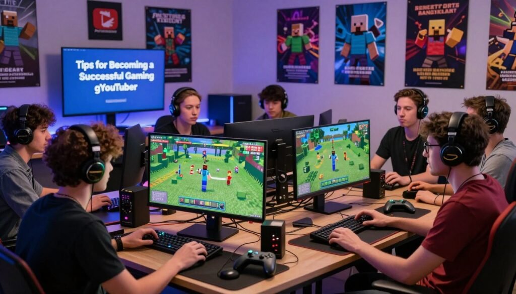 A vibrant and dynamic scene illustrating "Tips for Becoming a Successful Gaming YouTuber." In the foreground, a diverse group of enthusiastic gaming content creators, dressed in casual yet professional attire, are engaged in a brainstorming session. They are surrounded by gaming equipment, such as controllers, headsets, and monitors displaying a bustling Minecraft gameplay. The middle ground features a large monitor showcasing colorful graphics and gameplay tips, while behind them, a motivational wall adorned with posters of iconic video games and successful YouTubers. Soft, focused lighting creates an energetic atmosphere, capturing the excitement and creativity of the gaming community. A wide-angle lens perspective enhances the sense of collaboration and innovation within the scene, perfect for conveying tips and strategies in the gaming world.