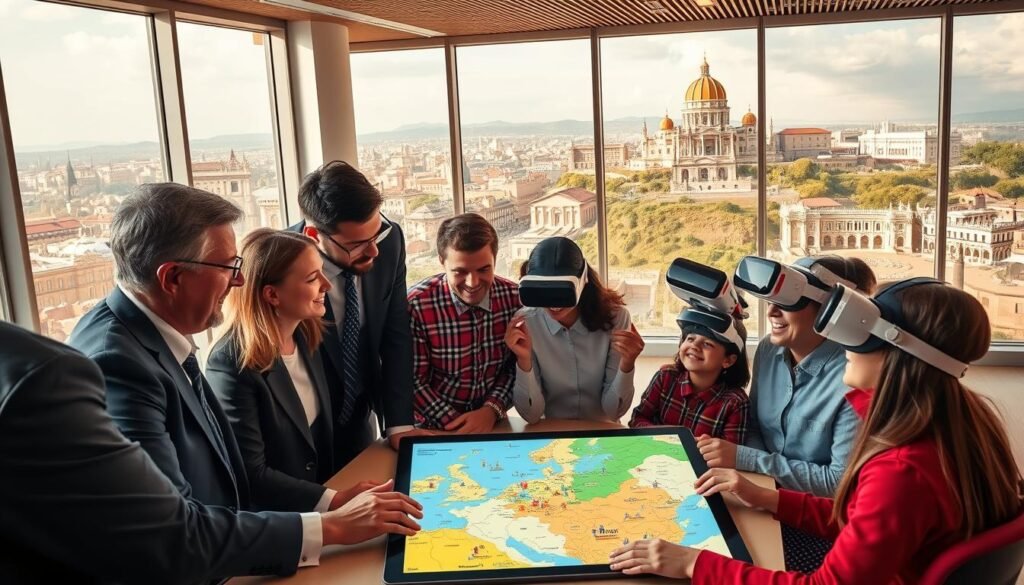 A vibrant and dynamic scene illustrating the coordination of education and tourism policy for school vacations. In the foreground, a diverse group of educators and policy-makers, dressed in professional business attire, are engaged in an animated discussion around a digital tablet displaying a colorful map of historical sites. The middle layer features students, enjoying interactive learning experiences with virtual reality headsets, exploring historical landmarks in a bright, modern classroom setting. In the background, large windows showcase panoramic views of famous historical sites, bathed in warm sunlight, enhancing the joyous atmosphere of learning and exploration. The mood is energetic and hopeful, embodying the synergy between education and tourism, captured from a slightly elevated angle to give a comprehensive view of the interaction.
