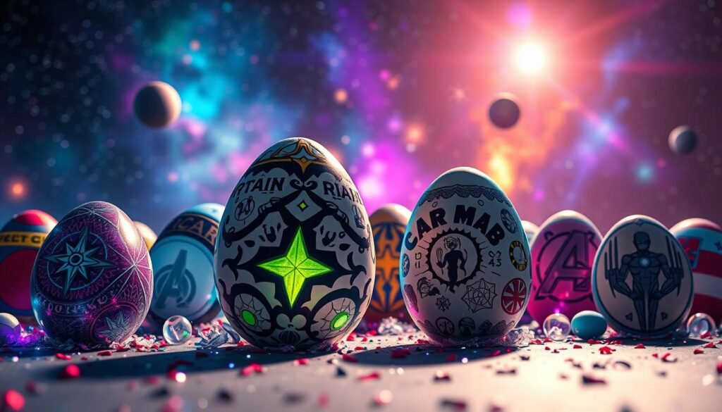 A vibrant and dynamic scene showcasing a collection of Easter eggs inspired by Marvel's Cosmic Invasion theme. In the foreground, a variety of intricately designed Easter eggs feature iconic cosmic symbols and character motifs, glowing with ethereal light. The middle ground includes subtle references to famous Marvel characters like Captain Marvel, the Fantastic Four, and cosmic entities, cleverly integrated into the egg designs, all under a shimmering cosmic backdrop. The background displays a starry galaxy filled with colorful nebulae and distant planets, creating a sense of depth and wonder. The mood is playful yet mysterious, illuminated by soft, radiant lighting that enhances the cosmic atmosphere. The angle is slightly tilted, offering a dynamic perspective, emphasizing the visual impact of the Easter eggs.