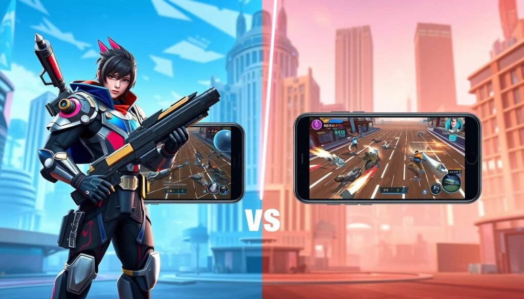 A vibrant and dynamic split-screen image illustrating gameplay comparisons between Arknights: Endfield and the mobile version of Arknights. In the foreground, a character from Arknights: Endfield stands confidently with a futuristic weapon, showcasing new features such as enhanced graphics and unique animations, depicted in vivid colors and detailed textures. In the middle ground, side-by-side screens display gameplay from both versions, highlighting contrasting HUD designs and user interfaces, with dynamic action occurring on both sides. The background features a stylized urban landscape, representing the game's environment with futuristic architecture and subtle lighting effects. The atmosphere is energetic and engaging, conveying a sense of excitement and competition, all under bright, clear lighting that emphasizes the details. The composition should feel balanced and visually appealing without any text or overlays.