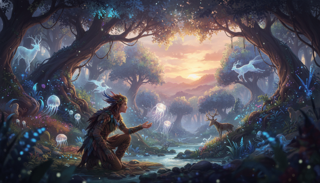 A vibrant and enchanting fantasy landscape from a game like Everwild, featuring lush forests with bioluminescent plants and fantastical creatures. In the foreground, an explorer character dressed in modest, nature-inspired attire interacts with ethereal wildlife, showcasing the bond between humans and nature. The middle ground reveals soaring trees with glowing leaves, shimmering streams, and mystical spirits gliding through the air. In the background, gentle hills fade into a dreamy sunset sky cast in warm oranges and purples, creating a peaceful yet mysterious atmosphere. Soft, diffused lighting enhances the magical quality, while a shallow depth of field keeps the focus on the explorer, inviting viewers into this immersive, untamed world filled with wonder and discovery.