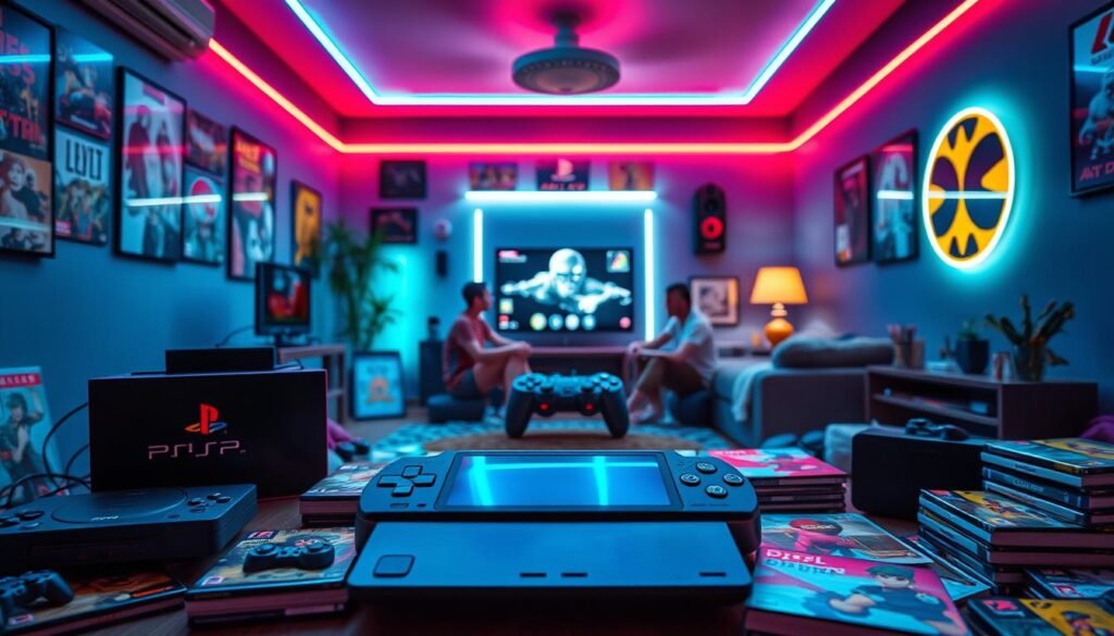 A vibrant and immersive gaming room, showcasing classic consoles from the PS1 and PSP era prominently displayed in the foreground. Include visually striking retro game covers and nostalgic gaming paraphernalia scattered around, invoking a sense of rich gaming history. In the middle ground, depict a modern gaming setup with a sleek television and comfortable seating, filled with friends enjoying a gaming session together. The background should feature dim ambient lighting with neon accents to create an inviting and exciting atmosphere, emphasizing the joy of shared gaming experiences. The scene should convey a warm, nostalgic mood, celebrating the enriched gaming experience through camaraderie and affection for classic games.
