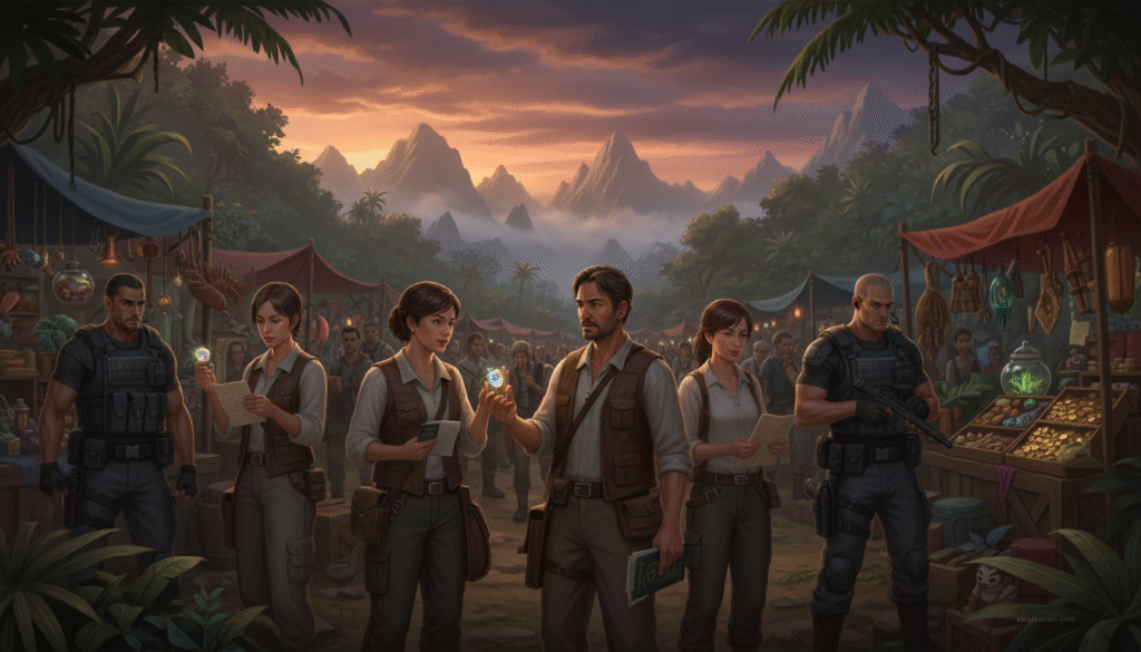 A vibrant and intriguing depiction of a "Contraband smuggler's paradise," showcasing a clandestine marketplace set amidst lush tropical vegetation. In the foreground, a diverse group of travelers examining exotic goods, dressed in modest casual clothing, with visas and documents in hand. The middle ground features colorful stalls overflowing with rare items and artifacts, guarded by watchful figures in professional attire, adding a sense of tension to the scene. In the background, a misty mountain range looms under a moody sky tinged with orange and purple hues, suggesting an impending storm. Soft, diffused lighting casts interesting shadows and highlights, while the angle captures both the bustling activity and the serene yet secretive atmosphere of this hidden world.