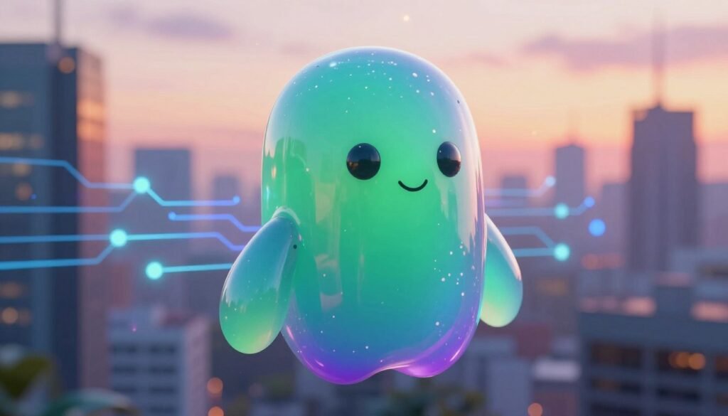 A vibrant and playful jelly bean character, resembling an android, is the focal point in the foreground. This character features a glossy, gelatinous surface, blending shades of green, blue, and purples, with subtle reflections that suggest a lively, energetic presence. The middle layer showcases abstract digital elements, symbolizing intelligence and connectivity, with circuit patterns and glowing nodes. In the background, a blurred cityscape at sunset creates a warm, inviting atmosphere, enhanced by soft lighting that contrasts with the bright colors of the jelly bean android. The angle should be slightly tilted to add dynamism to the scene, evoking a sense of innovation and fluidity. The overall mood should be optimistic and futuristic, capturing the essence of technological advancement. A vibrant and playful jelly bean character, resembling an android, is the focal point in the foreground. This character features a glossy, gelatinous surface, blending shades of green, blue, and purples, with subtle reflections that suggest a lively, energetic presence. The middle layer showcases abstract digital elements, symbolizing intelligence and connectivity, with circuit patterns and glowing nodes. In the background, a blurred cityscape at sunset creates a warm, inviting atmosphere, enhanced by soft lighting that contrasts with the bright colors of the jelly bean android. The angle should be slightly tilted to add dynamism to the scene, evoking a sense of innovation and fluidity. The overall mood should be optimistic and futuristic, capturing the essence of technological advancement.