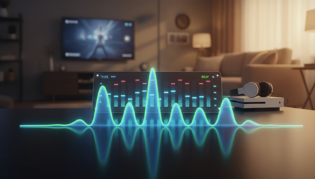 A vibrant audio-themed illustration showcasing the concept of "boost high pitch." In the foreground, visualize sleek sound waves with a dynamic upward motion, glowing with hues of electric blue and neon green to represent elevated audio frequencies. The middle layer features an intricately designed digital audio equalizer interface, lit softly with reflected light, adding depth to the composition. In the background, a blurred living room setting hints at a relaxing environment with a modern gaming console and headphones, emphasizing the accessibility theme. Use warm lighting to create an inviting atmosphere, reminiscent of an engaging gaming session, while maintaining a professional look. Capture the essence of clarity and comfort in sound, avoiding any overwhelming visual noise.