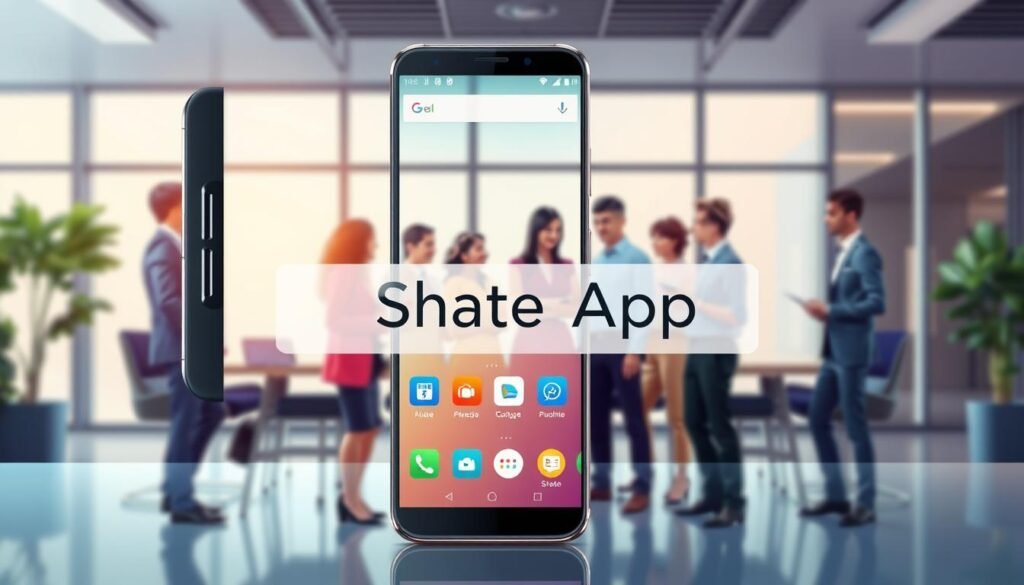 A vibrant digital illustration showcasing the "Share App" feature on an Android device. In the foreground, an elegant smartphone with a sleek design displays the app interface, featuring colorful icons representing various applications that can be shared. The middle ground includes a diverse group of professionals, dressed in smart business attire, engaging in a discussion, with their tech-savvy expressions highlighting the significance of app sharing. The background features a modern office setting with soft, diffused lighting coming from large windows, creating an inviting and productive atmosphere. The overall mood is innovative and collaborative, emphasizing the ease and excitement of sharing technology in a corporate environment.