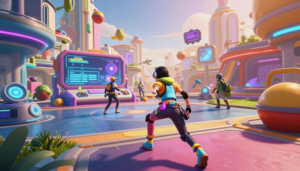 A vibrant digital landscape showcasing a new video game scene, featuring a dynamic gameplay moment. In the foreground, a sleek character in modern, colorful gaming attire navigates a vibrant, futuristic environment filled with interactive elements and obstacles. The middle ground includes detailed game features such as an elaborate control panel displaying health bars and power-ups. The background presents a lively cityscape bathed in warm evening light, accented with floating action points and holographic displays. The overall atmosphere is energetic and engaging, suggesting an immersive gaming experience, with a focus on high-quality graphics. Use a slightly elevated angle to capture the activity and excitement, while ensuring sharp detail and vivid colors throughout.