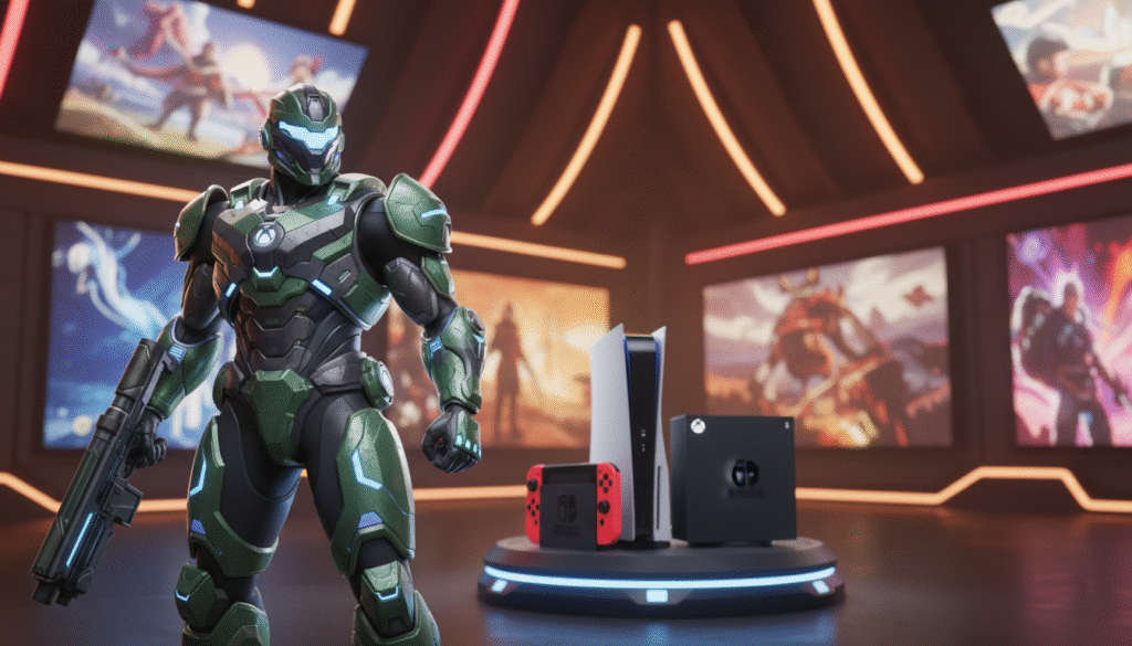 A vibrant, dynamic scene showcasing an Xbox game character, reminiscent of iconic figures like Master Chief from Halo, standing confidently in the foreground. The character is dressed in futuristic armor, reflecting a blend of sci-fi and action-adventure themes. In the middle ground, various gaming consoles, including a PS5 and a Nintendo Switch, are subtly featured, suggesting the cross-platform strategy. The background should depict a bustling gaming environment, illuminated with colorful LED lights and dynamic projections of game scenes on the walls. Use warm, inviting lighting to create an atmosphere of excitement and innovation. Capture the scene with a slight upward angle to emphasize the character and consoles. The overall mood should be one of anticipation and curiosity about the evolution of gaming.