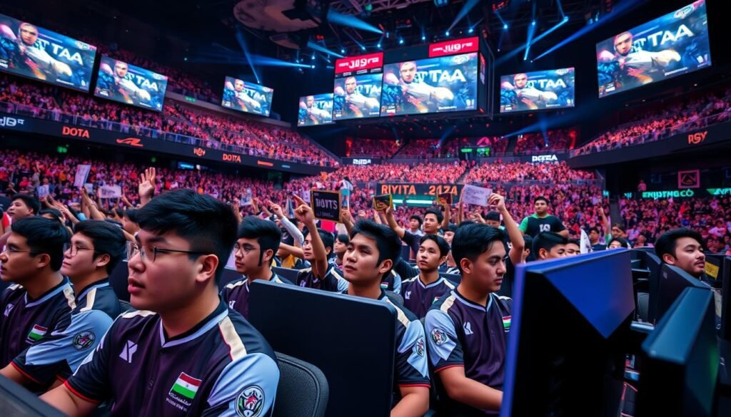 A vibrant esports arena during the Riyadh Masters 2023, bustling with energy and excitement. In the foreground, a professional Dota 2 team, dressed in sleek esports jerseys, intensely focused on their monitors, showcasing diverse ethnicities. The middle ground features an enthusiastic crowd, waving banners and holding signs, their faces lit by colorful LED lights. The background highlights a grand stage with impressive screens displaying gameplay, and dynamic lighting effects giving a high-stakes atmosphere. The scene should have a dynamic angle, capturing the intensity of the competition. The overall mood is electrifying, with vivid colors and sharp contrasts to evoke the passion of esports.