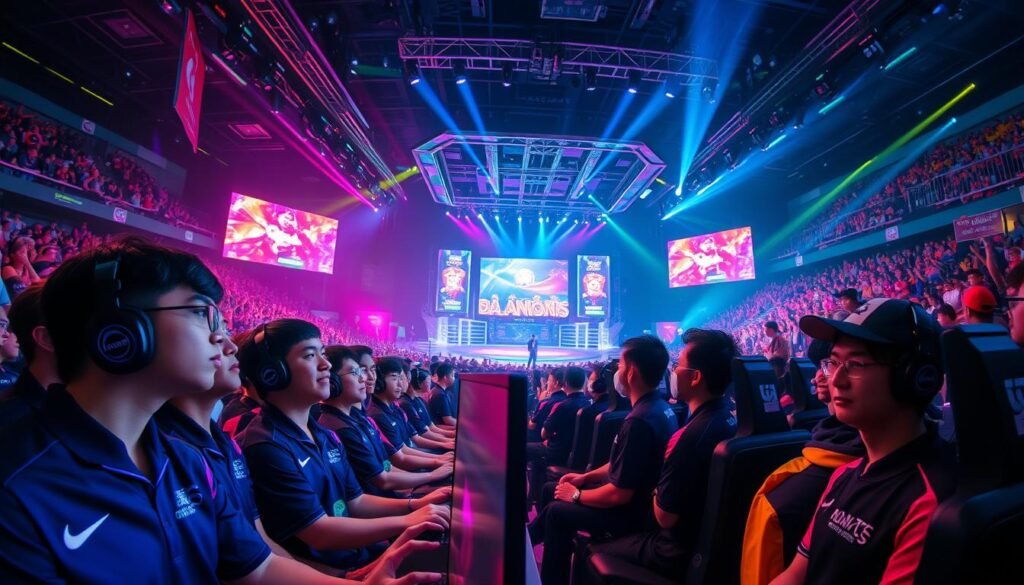 A vibrant esports arena during the Valorant Masters Bangkok, filled with an enthusiastic crowd. In the foreground, professional gamers in sleek, matching team jerseys are intensely focused on their screens, showcasing a variety of expressive emotions such as determination and excitement. The middle ground features a large, futuristic stage with dynamic lighting effects and digital displays showing action from the game. The background showcases the audience, illuminated by colorful spotlights, with fans cheering and waving banners. The atmosphere is electric, with an emphasis on teamwork and competition, captured in high angle and wide-angle shots to highlight the scale of the event. The lighting is high-contrast, emphasizing the energy and intensity of the scene.