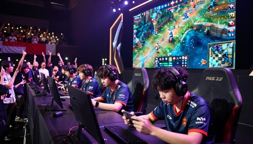 A vibrant esports arena filled with energetic fans, showcasing a live Mobile Legends tournament. In the foreground, a diverse group of professional gamers, focused and intense, dressed in matching esports jerseys, passionately engaging in gameplay on their high-end mobile devices. The middle ground captures a large high-definition screen displaying exhilarating in-game action with colorful graphics. In the background, rows of cheering spectators with banners, lights flashing, and a dynamic atmosphere filled with excitement. Bright stage lights create dramatic contrasts, illuminating the players while casting soft shadows. The scene conveys a sense of community and competition, emphasizing the significance of MPL S17 for the Indonesian esports landscape, highlighting teamwork, strategy, and the joy of esports. A vibrant esports arena filled with energetic fans, showcasing a live Mobile Legends tournament. In the foreground, a diverse group of professional gamers, focused and intense, dressed in matching esports jerseys, passionately engaging in gameplay on their high-end mobile devices. The middle ground captures a large high-definition screen displaying exhilarating in-game action with colorful graphics. In the background, rows of cheering spectators with banners, lights flashing, and a dynamic atmosphere filled with excitement. Bright stage lights create dramatic contrasts, illuminating the players while casting soft shadows. The scene conveys a sense of community and competition, emphasizing the significance of MPL S17 for the Indonesian esports landscape, highlighting teamwork, strategy, and the joy of esports.