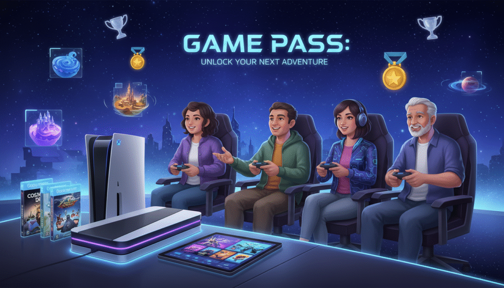 A vibrant illustration of a futuristic gaming environment showcasing a "Game Pass" concept. In the foreground, feature a sleek, modern console illuminated by soft LED lights, with a collection of game cases and digital screens displaying various game icon art scattered around. In the middle ground, depict a diverse group of gamers of varying ages and ethnicities, engaging joyfully with their controllers, dressed in professional and casual attire, highlighting an inclusive gaming culture. In the background, a digital landscape filled with a starry night sky and floating game-related elements like trophies, achievements, and game worlds, suggesting a plethora of content available. Dim, ambient lighting creates a relaxed yet exciting atmosphere, evoking the sense of endless gaming possibilities in a subscription-based era. A vibrant illustration of a futuristic gaming environment showcasing a "Game Pass" concept. In the foreground, feature a sleek, modern console illuminated by soft LED lights, with a collection of game cases and digital screens displaying various game icon art scattered around. In the middle ground, depict a diverse group of gamers of varying ages and ethnicities, engaging joyfully with their controllers, dressed in professional and casual attire, highlighting an inclusive gaming culture. In the background, a digital landscape filled with a starry night sky and floating game-related elements like trophies, achievements, and game worlds, suggesting a plethora of content available. Dim, ambient lighting creates a relaxed yet exciting atmosphere, evoking the sense of endless gaming possibilities in a subscription-based era.