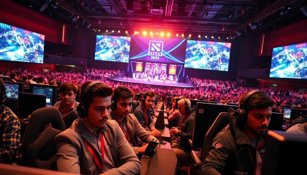 A vibrant scene showcasing the Riyadh Masters 2023 in an esports arena filled with energy and excitement. In the foreground, a diverse group of professional Dota 2 players, dressed in smart casual attire, are intensely focused on their screens. Their expressions of concentration and teamwork illustrate the high stakes of the tournament. In the middle ground, bright stage lights illuminate the teams' logos and a live audience. The background features large LED screens displaying thrilling gameplay and enthusiastic fans cheering. The atmosphere is electric, capturing the competitive spirit of esports, with warm lighting that enhances the excitement. Shot from a dynamic angle, providing a sense of depth, highlighting the epic scale of this gaming event.