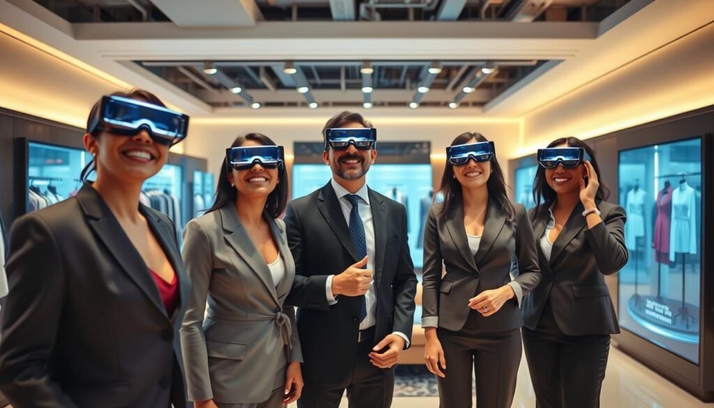 A vibrant scene showcasing the advantages of augmented reality (AR) virtual fitting technology. In the foreground, a diverse group of three individuals, elegantly dressed in professional attire, happily trying on various outfits through AR glasses. Their expressions convey excitement and curiosity. In the middle, a sleek, modern retail space with digital screens displaying clothing options and 3D models, illuminating the seamless blending of real and virtual worlds. In the background, a cozy lounge area filled with soft, warm lighting that enhances the innovative atmosphere. The perspective is slightly tilted from above, capturing both the users and their virtual experiences. The overall mood is dynamic, engaging, and futuristic, inviting viewers to explore the possibilities of this cutting-edge technology without needing a traditional shopping mall.