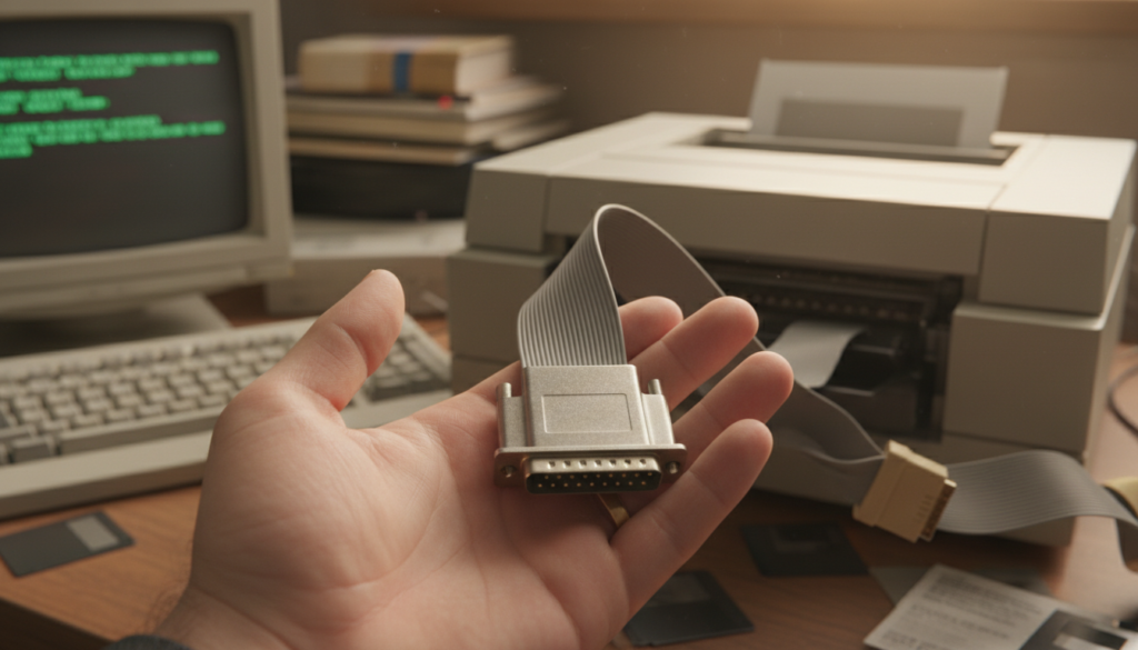 A vintage printer connector from the 1990s, depicted in a close-up view to emphasize its size, comparable to a human palm. The connector features an intricate design with multiple pins and a robust metal finish, glowing softly under ambient lighting. The foreground includes a hand lightly holding the connector, showcasing its scale and texture. In the middle, an outdated monochrome printer is partially visible, with cables leading to the connector, capturing the old technology aesthetic. The background consists of a blurred workspace with retro electronics scattered, evoking a nostalgic atmosphere of a 90s office environment. Soft, warm lighting enhances the overall mood. The image should communicate a sense of reminiscence and the challenges faced by users dealing with older technology. No text or watermarks included.
