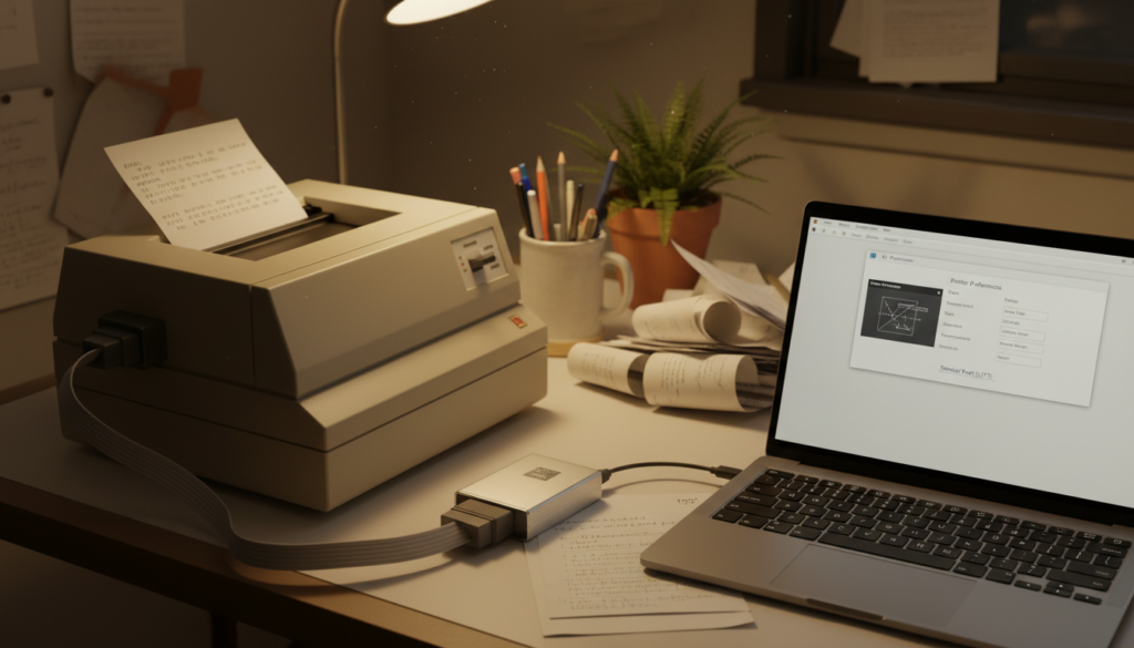A vintage-style workspace featuring an old parallel printer connected to a modern laptop using a traditional connector cable. In the foreground, the printer is an old model with a chunky design, displaying a sheet of printed paper with faint letters. The middle ground includes a sleek modern laptop with an open screen showing a printer settings page. In the background, a cluttered desk filled with printed documents, a cup of pens, and a potted plant provides a cozy atmosphere. The scene is illuminated by warm, soft lighting, creating a nostalgic feel reminiscent of the 1990s. The angle is slightly tilted to capture both the printer and the laptop clearly, emphasizing the contrast between old and new technology.