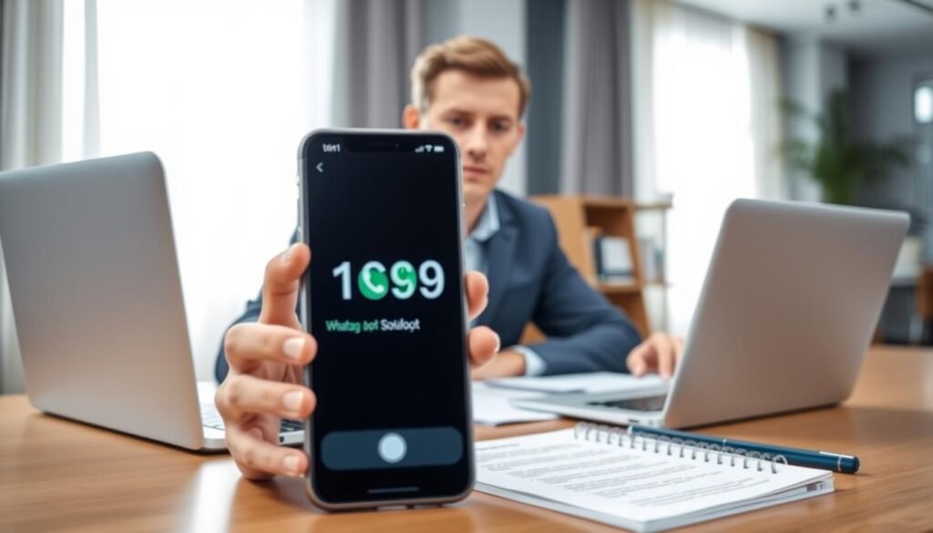 A virtual WhatsApp support environment, showcasing a professional business coach seated at a modern desk with a laptop open, focusing intently on a virtual phone screen displaying a WhatsApp interface. In the foreground, a blurred, virtual number appears prominently on the phone screen, symbolizing a solution to common issues. The middle layer includes documents and a notepad with strategic notes about virtual communication solutions. The background features a well-organized office space with soft, natural lighting filtering through a window, creating a bright and inviting atmosphere. The image conveys a sense of professionalism and innovation, ideal for illustrating strategies to overcome WhatsApp business challenges while ensuring a feeling of trust and clarity in digital communication.