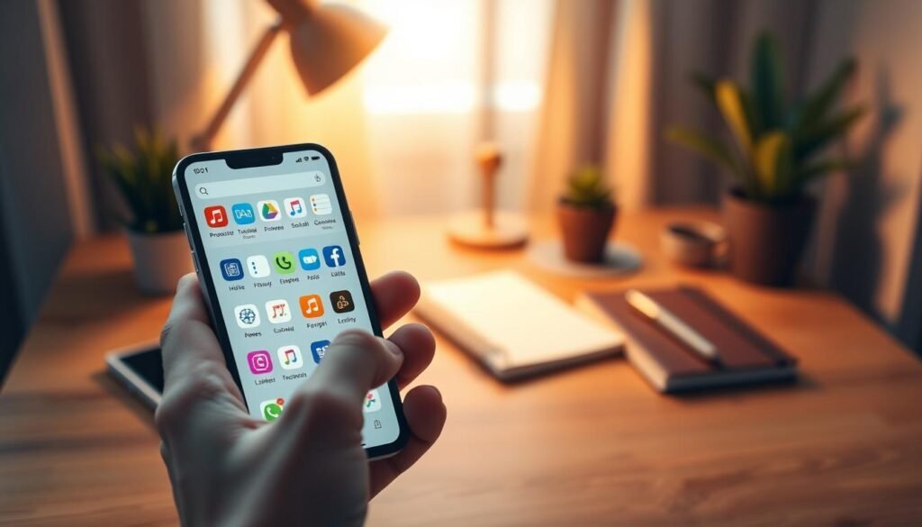 A visually appealing digital interface showcasing an organized App Library on a smartphone screen. In the foreground, a smartphone displays a neatly categorized folder structure filled with colorful app icons, symbolizing effective organization. The middle ground features hands gently interacting with the phone, swiping to reveal various categories like "Productivity," "Games," and "Social Media." The background has a softly blurred cozy workspace with a wooden desk, a notebook, and a stylish lamp, creating a serene and professional atmosphere. The lighting is warm and inviting, highlighting the smartphone’s screen while contrasting with the gentle shadows in the background. The overall mood is calm and focused, promoting a sense of efficiency and ease in managing digital applications.