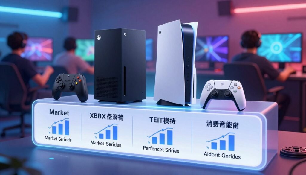 A visually engaging analysis framework for video game console investment, showcasing the Xbox Series X and PS5. In the foreground, a sleek digital diagram representing key investment factors, such as market trends, performance metrics, and consumer demand. The middle layer features stylized representations of both consoles, emphasizing their distinctive designs, with a subtle glow to highlight their importance. The background should depict a blurred scene of gamers in action, creating an energetic atmosphere that reflects the gaming community. Use bright, vibrant colors with a high-tech feel, ensuring soft, ambient lighting to enhance clarity. The perspective should be slightly angled, allowing for depth in the composition, with no text or external elements distracting from the analysis topic.