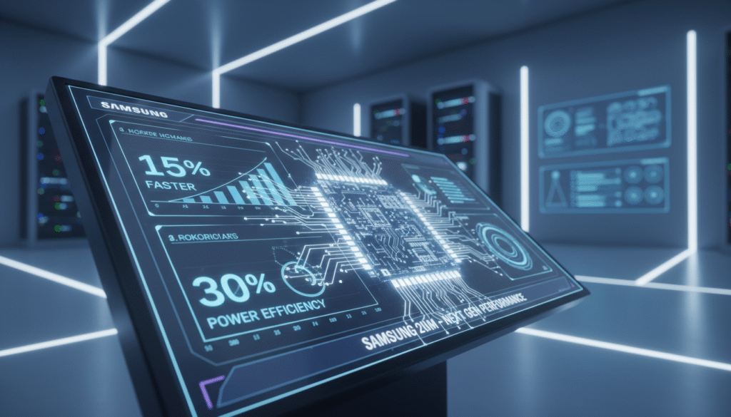 A visually engaging benchmark performance comparison image, illustrating the capabilities of Samsung's 2 nm chip technology. In the foreground, a sleek, high-tech digital dashboard displays benchmark scores and metrics, with animated graphs and charts showing impressive performance figures. In the middle ground, a semi-transparent view of the Samsung chip itself, detailed with fine circuitry and glowing elements to emphasize its advanced technology. The background features a futuristic laboratory setting, bathed in soft blue and white LED lighting, with high-tech equipment and screens. The atmosphere conveys innovation and excitement about technological advancements, with a focus on clarity and professionalism. The angle is dynamic, slightly tilted to enhance engagement and showcase the intricate details of the chip and data visualization.