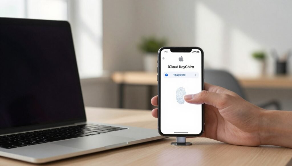 A visually engaging scene showcasing the compatibility of password managers in the context of Apple devices and cross-platform environments. In the foreground, depict a sleek Apple laptop and a smartphone displaying the iCloud Keychain and 1Password interfaces side by side. In the middle, illustrate a hand reaching towards the laptop with a fingerprint scanner highlighting security features. The background should feature a modern workspace, softly lit with natural light streaming in through a window, casting gentle shadows. Use a shallow depth of field to keep the focus on the devices while softly blurring the background. The mood should feel professional yet inviting, with an emphasis on technology and efficiency, catering to users across multiple platforms.