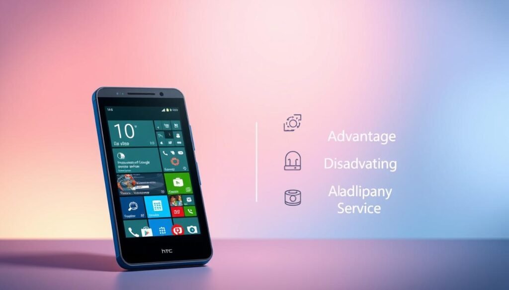 A visually striking and informative image depicting the advantages and disadvantages of HTC Windows Phone running Android. In the foreground, display the HTC Windows Phone prominently, showcasing its sleek design and colorful interface, highlighting key features. In the middle ground, illustrate contrasting elements symbolizing advantages (like ease of use, integration with Google services) and disadvantages (such as lack of app support and slower performance), using icons or lightweight graphics to avoid clutter. The background should be a gradient of soothing tech-inspired colors, creating a modern and engaging atmosphere. Soft, diffused lighting enhances the sleek look, and a slight tilt angle captures the device dynamically. The overall mood is professional and tech-savvy, perfect for an analytical context.