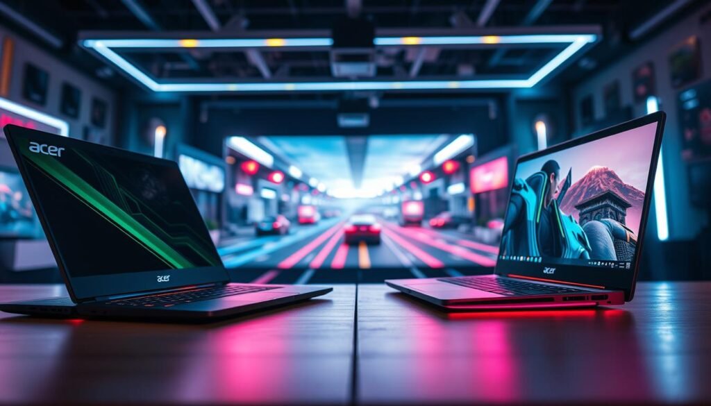 A visually striking comparison of gaming graphics performance between an Acer laptop featuring an Intel Arc GPU and a competing laptop with an NVIDIA GeForce GPU. The foreground highlights the sleek design of both laptops, with vibrant LED accents illuminating their sleek surfaces. In the middle ground, a high-tech gaming environment is depicted, featuring detailed graphics of a stunning game scene that showcases the capabilities of each GPU, with realistic lighting and textures. The background features a blurred gaming setup with ambient LED lights, creating an immersive atmosphere. The scene is shot from a slightly elevated angle to capture both laptops and their performance displays, evoking a sense of excitement and competition in the gaming industry.